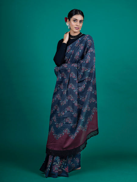 Blue Floral Printed Cotton Saree for Women