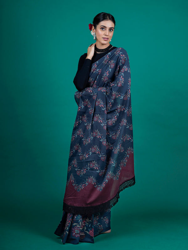 Blue Floral Printed Cotton Saree for Women