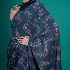 Blue Floral Printed Cotton Saree for Women