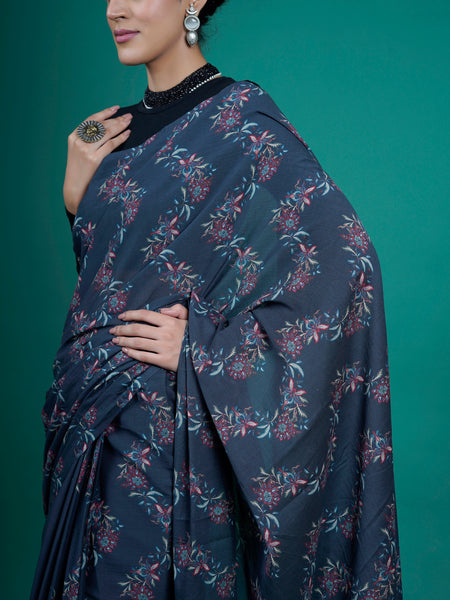 Blue Floral Printed Cotton Saree for Women