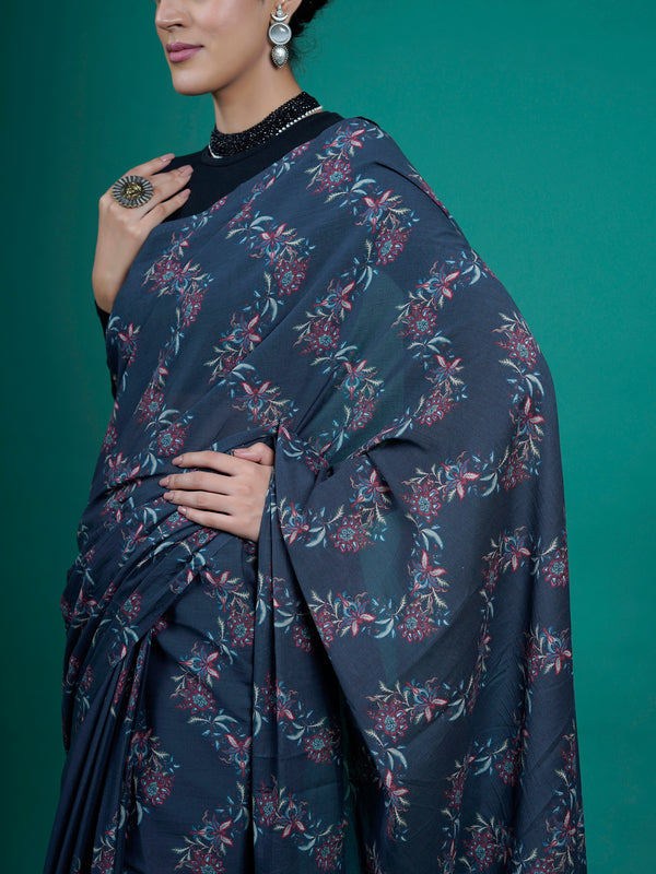 Blue Floral Printed Cotton Saree for Women