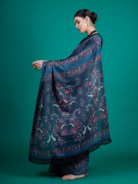Blue Floral Printed Pure Cotton Saree for Women