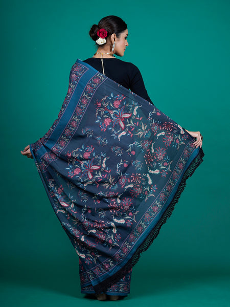 Blue Floral Printed Pure Cotton Saree for Women