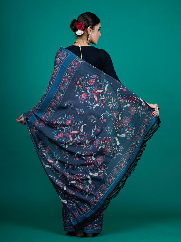 Blue Floral Printed Pure Cotton Saree for Women