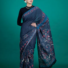 Blue Floral Printed Pure Cotton Saree for Women