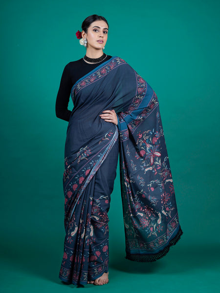 Blue Floral Printed Pure Cotton Saree for Women