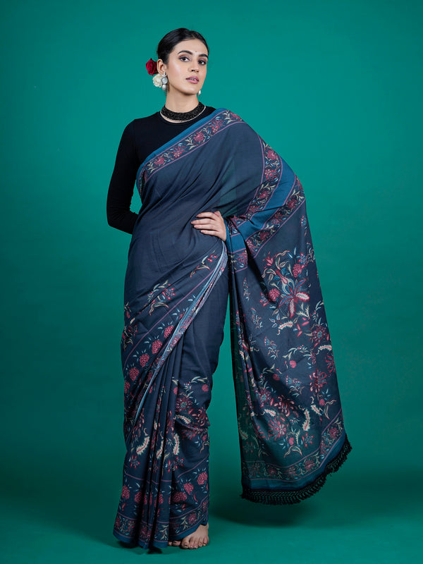 Blue Floral Printed Pure Cotton Saree for Women