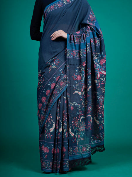 Blue Floral Printed Pure Cotton Saree for Women