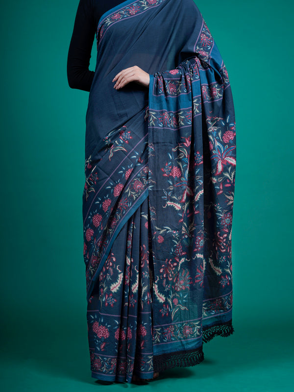 Blue Floral Printed Pure Cotton Saree for Women