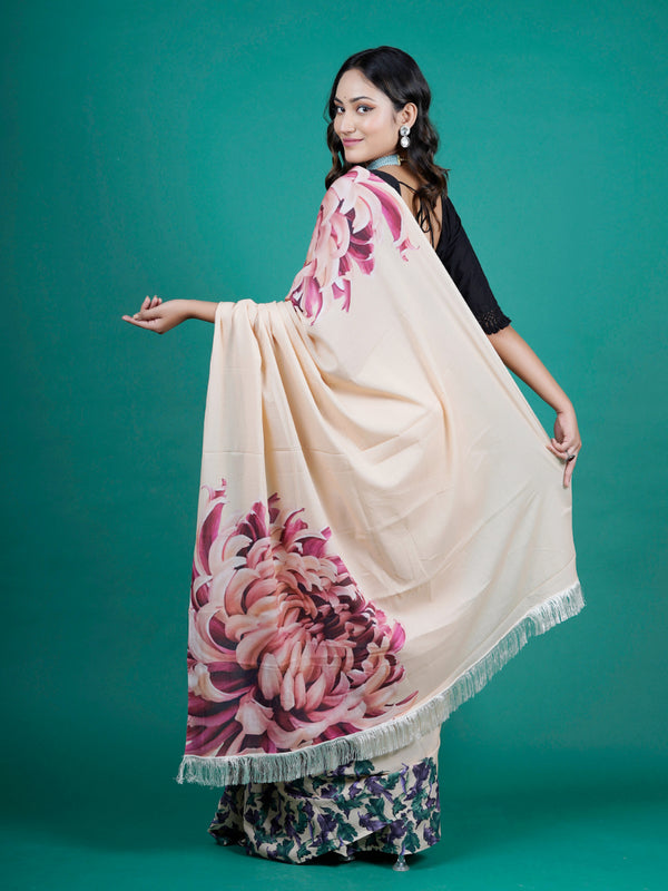 Beige Floral Printed Pure Cotton Saree for Women