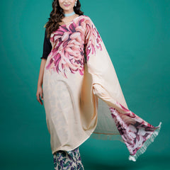 Beige Floral Printed Pure Cotton Saree for Women