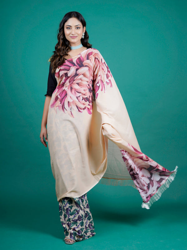 Beige Floral Printed Pure Cotton Saree for Women