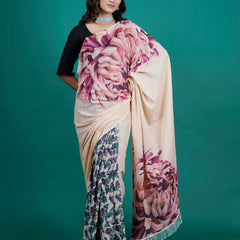 Beige Floral Printed Pure Cotton Saree for Women