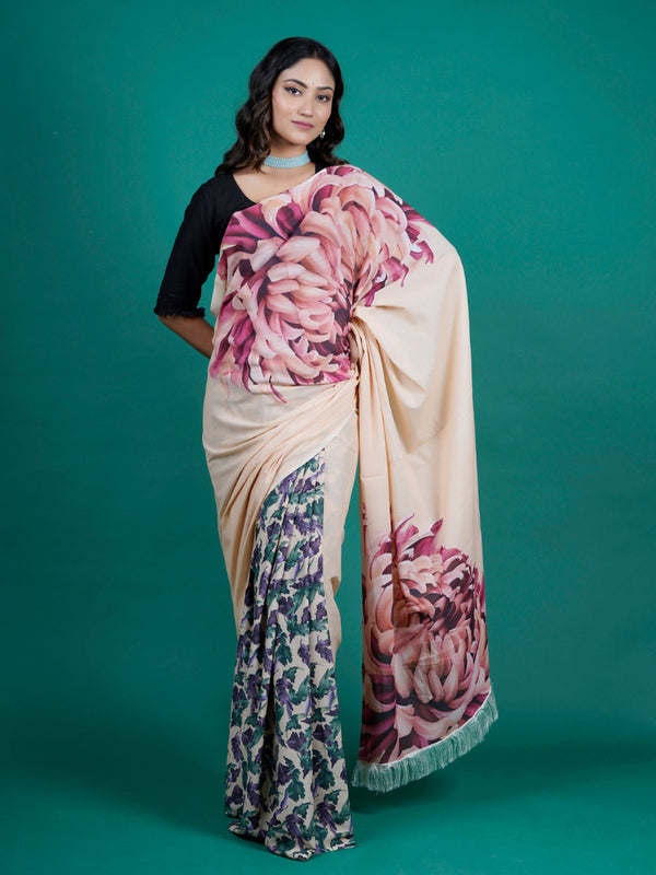 Beige Floral Printed Pure Cotton Saree for Women