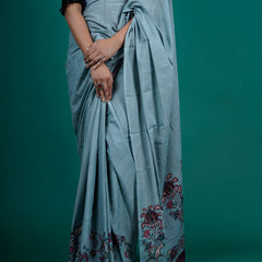 Blue Floral Printed Pure Cotton Saree for Women