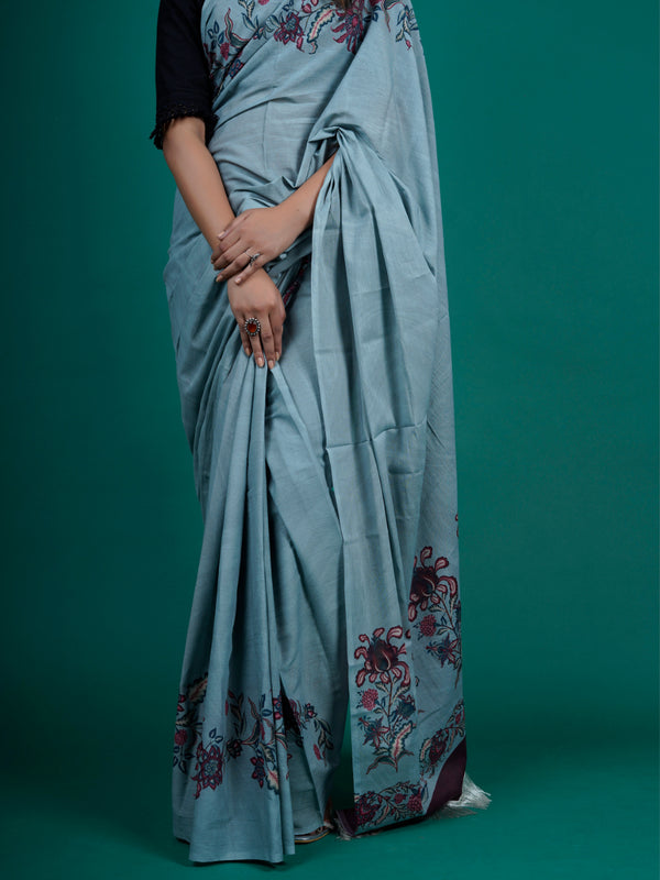 Blue Floral Printed Pure Cotton Saree for Women