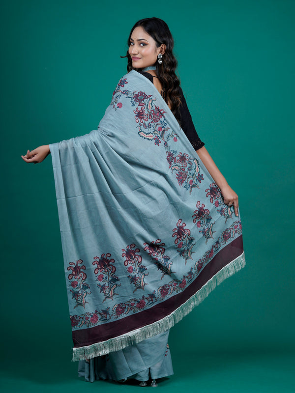 Blue Floral Printed Pure Cotton Saree for Women