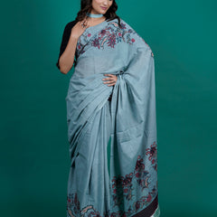 Blue Floral Printed Pure Cotton Saree for Women
