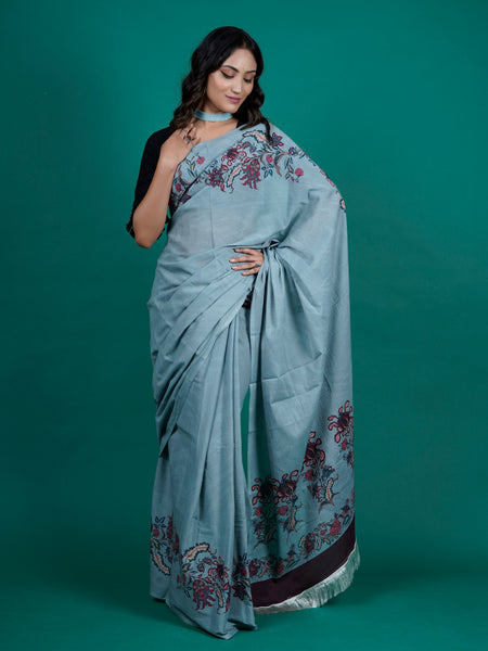 Blue Floral Printed Pure Cotton Saree for Women