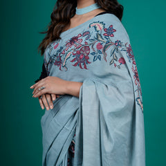 Blue Floral Printed Pure Cotton Saree for Women