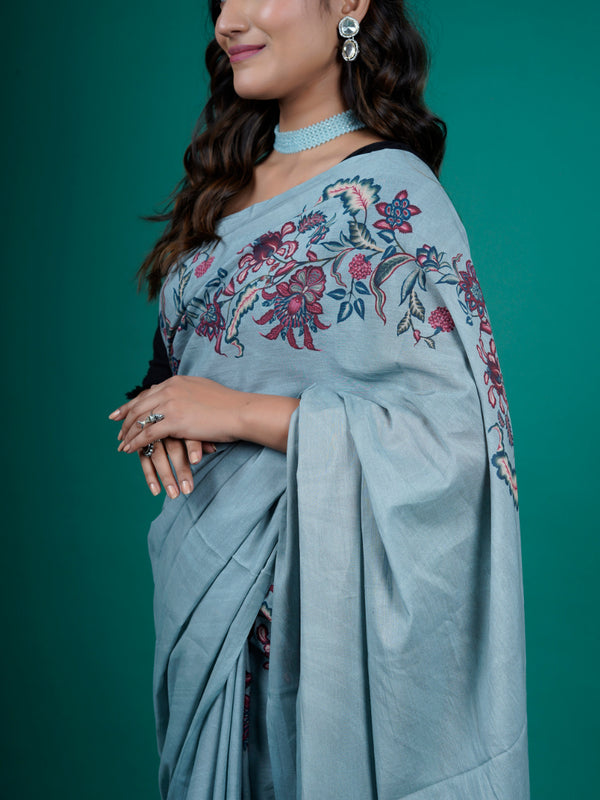 Blue Floral Printed Pure Cotton Saree for Women