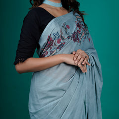 Blue Floral Printed Pure Cotton Saree for Women