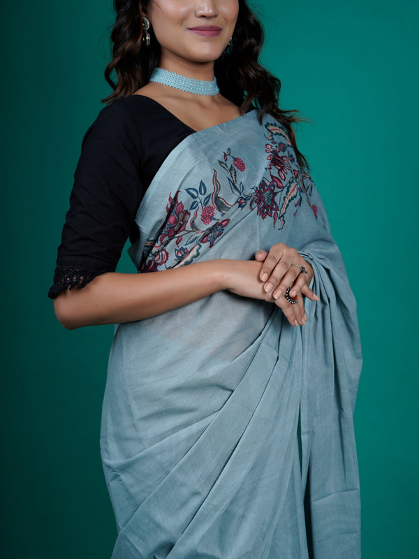 Blue Floral Printed Pure Cotton Saree for Women