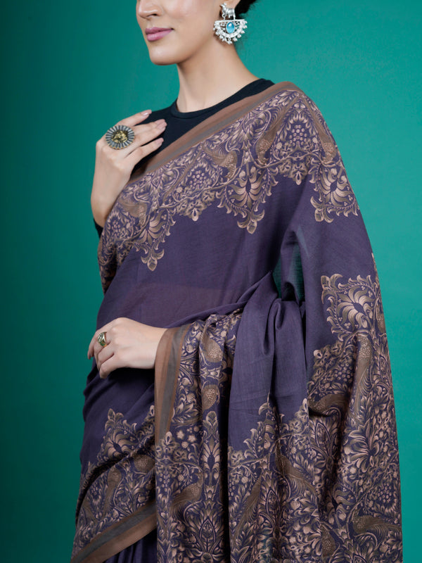 Lavender Floral Printed Pure Cotton Saree for Women