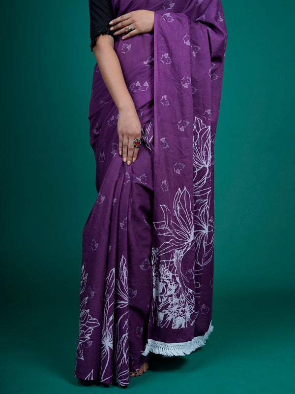 Purple & White Pure Cotton Saree for Women