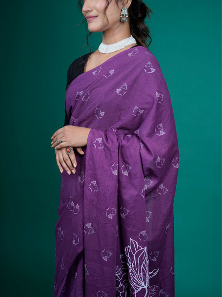 Purple & White Pure Cotton Saree for Women