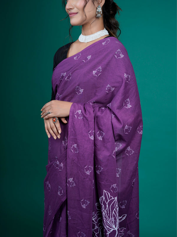 Purple & White Pure Cotton Saree for Women