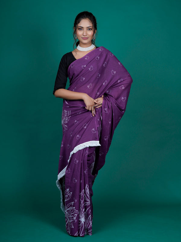 Purple & White Pure Cotton Saree for Women