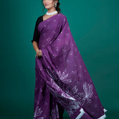 Purple & White Pure Cotton Saree for Women