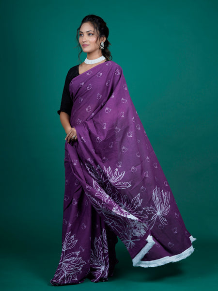 Purple & White Pure Cotton Saree for Women