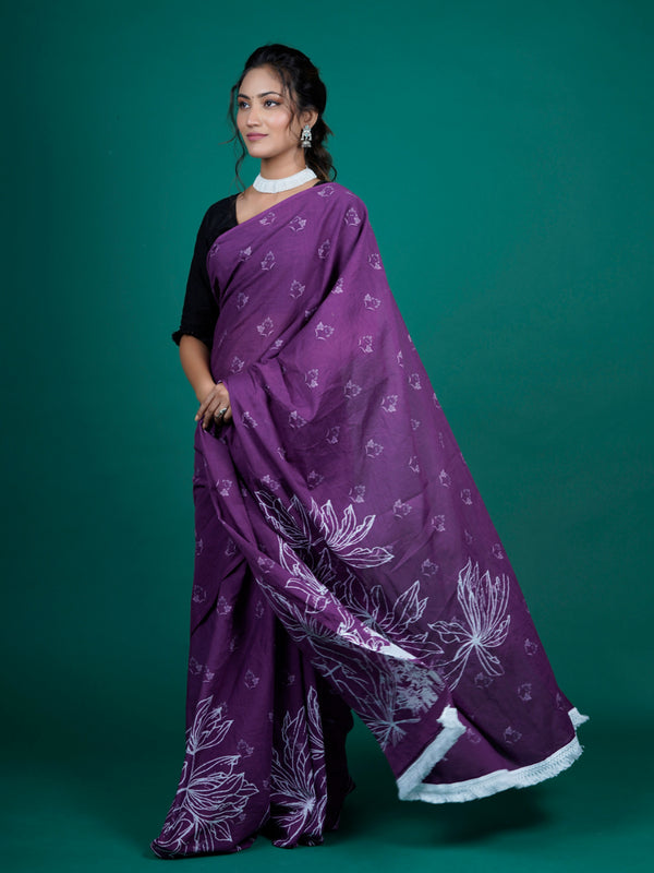 Purple & White Pure Cotton Saree for Women