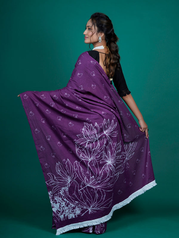 Purple & White Pure Cotton Saree for Women
