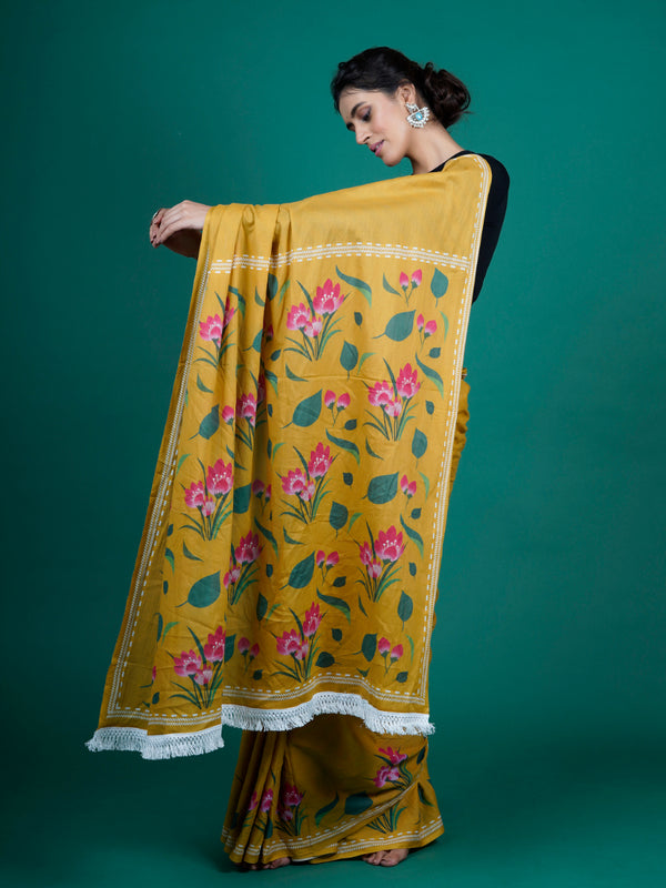 Mustard & Pink Pure Cotton Saree for Women