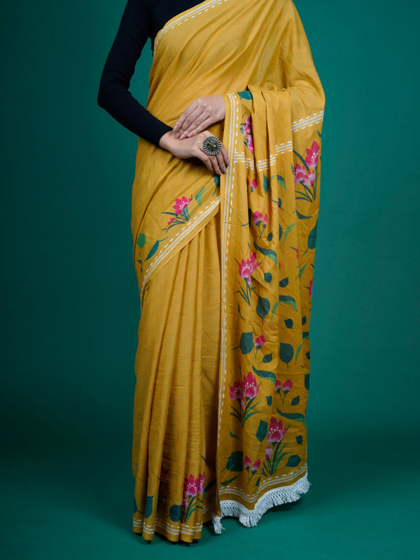 Mustard & Pink Pure Cotton Saree for Women