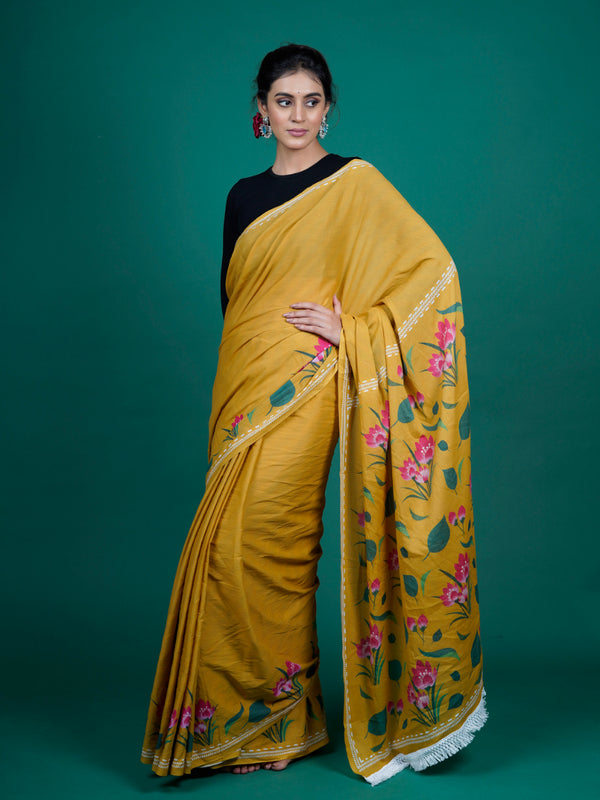 Mustard & Pink Pure Cotton Saree for Women