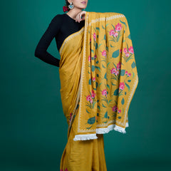 Mustard & Pink Pure Cotton Saree for Women