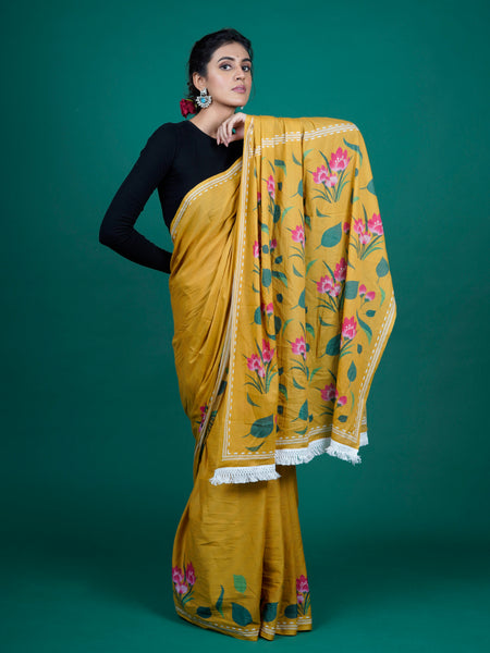 Mustard & Pink Pure Cotton Saree for Women