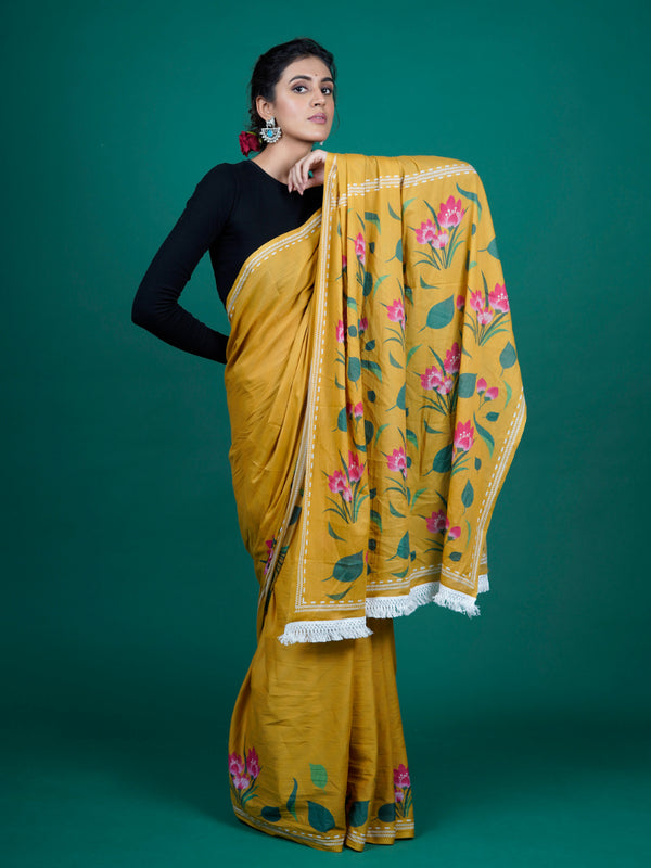 Mustard & Pink Pure Cotton Saree for Women