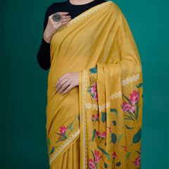 Mustard & Pink Pure Cotton Saree for Women