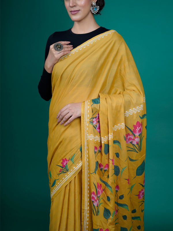 Mustard & Pink Pure Cotton Saree for Women