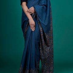 Navy Blue Ethnic Printed Cotton Tasselled Saree