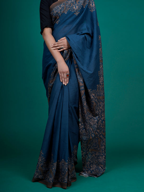 Navy Blue Ethnic Printed Cotton Tasselled Saree