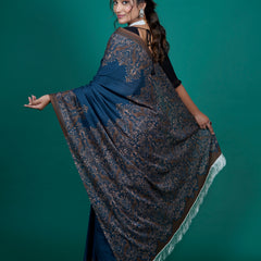 Navy Blue Ethnic Printed Cotton Tasselled Saree