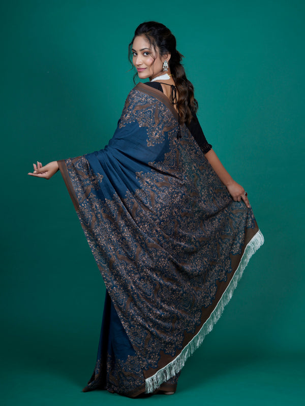Navy Blue Ethnic Printed Cotton Tasselled Saree