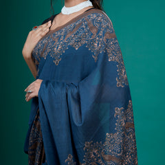 Navy Blue Ethnic Printed Cotton Tasselled Saree