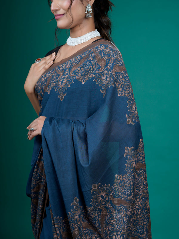 Navy Blue Ethnic Printed Cotton Tasselled Saree